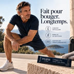 A man in a navy blue t-shirt and shorts crouches outdoors near a stone wall, with a Vivana Collagen Pro supplement packet in the foreground and French marketing text on the right.