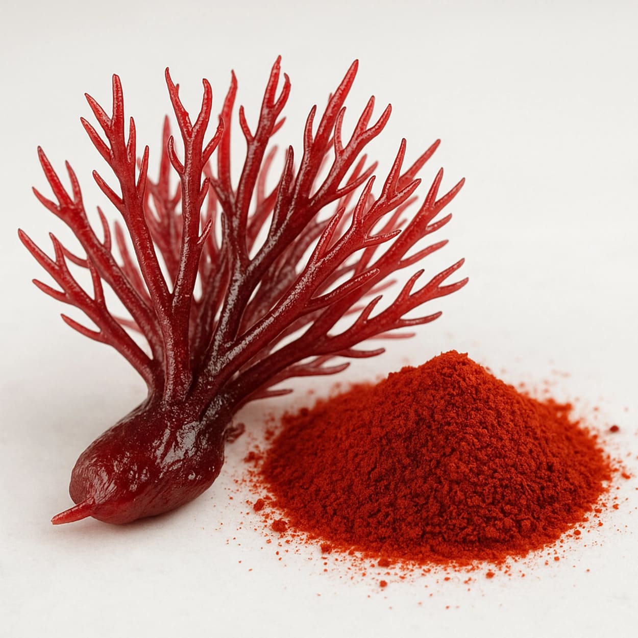 A glossy deep red coral-like astaxanthin displayed beside a small pile of matching red powder on a clean white background.