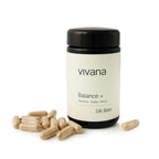 Vivana Balance+ supplement bottle with capsules on a white background with Safr'inside safran extract for menopause support, mood, cognitive support, hot flashes