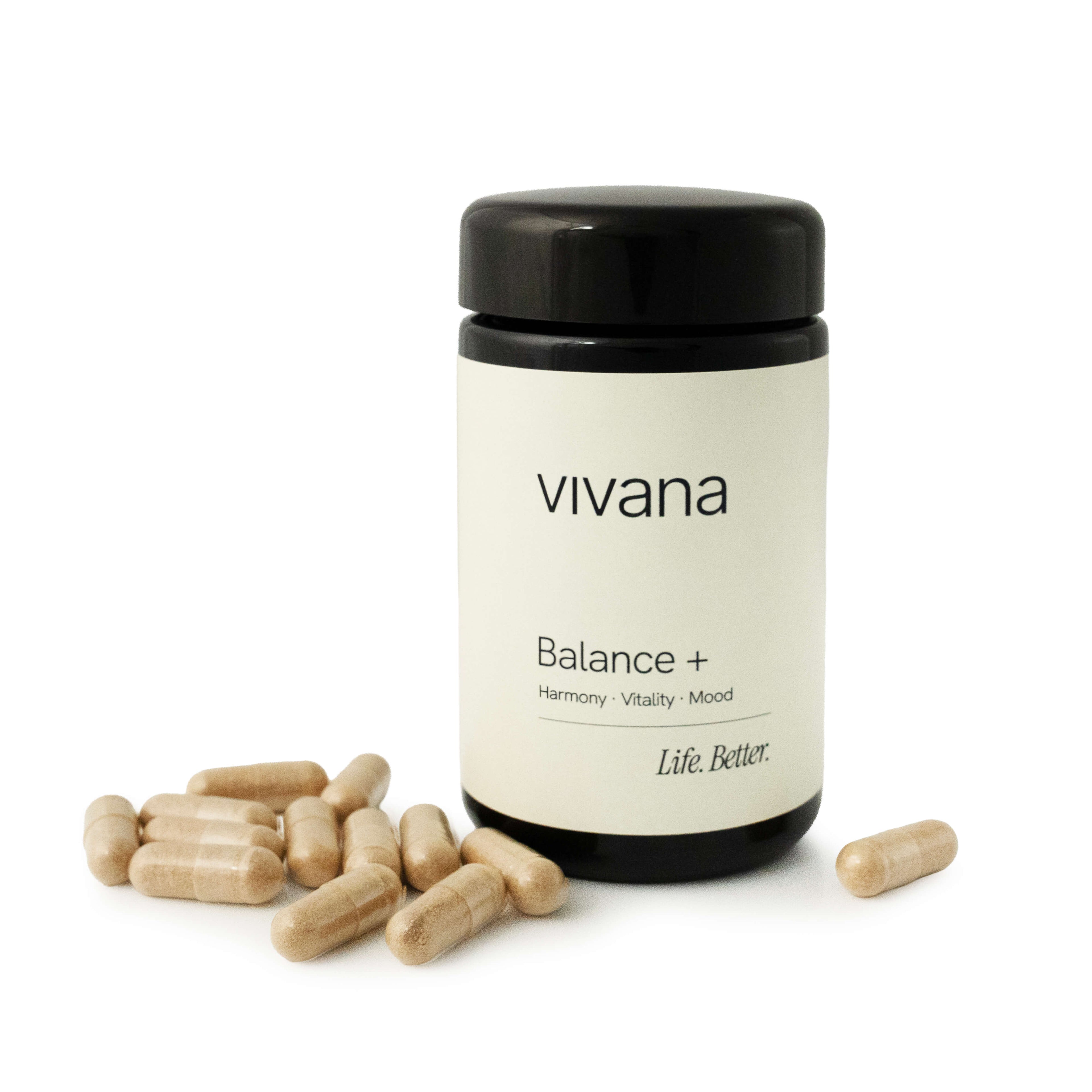 Vivana Balance+ supplement bottle with capsules on a white background with Safr'inside safran extract for menopause support, mood, cognitive support, hot flashes