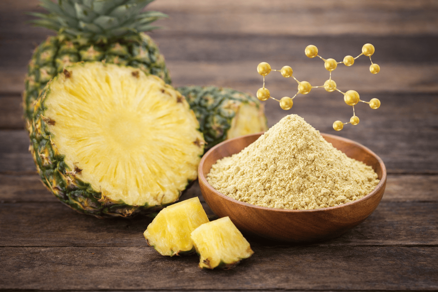anti-inflamatory anti-oxydant Pineapple and Bromelain powder on a wooden surface