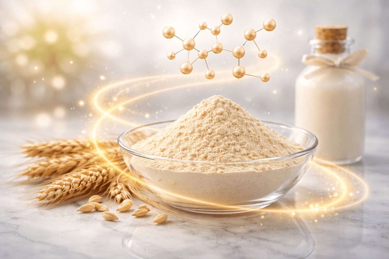A clear glass bowl filled with light beige powder sits on a marble surface, surrounded by golden wheat stalks and scattered grains. Ceramosides in Vivana Collagen Pro. 