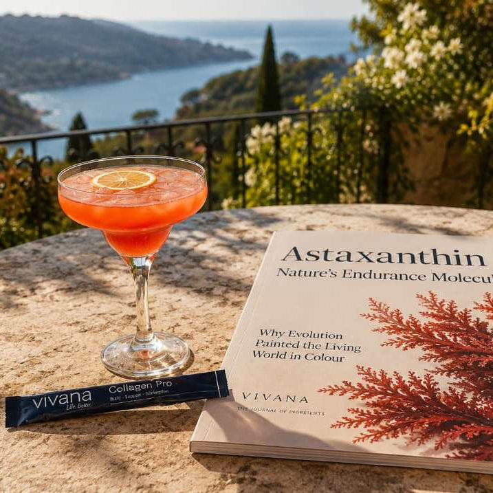 A VIVANA Astaxanthin book lies on a stone table outdoors next to a pink cocktail in a coupe glass and a VIVANA Collagen Pro stick pack, with a scenic lake and green hills in the background.