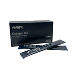 A black box of vivana Collagen booster supplement powder with two individual sachets placed in front on a clean white background. Skin, bone, joint support with Ceramosides, Amino Acids, Vitamin C, co-factors, anti-oxydants. Life.Better