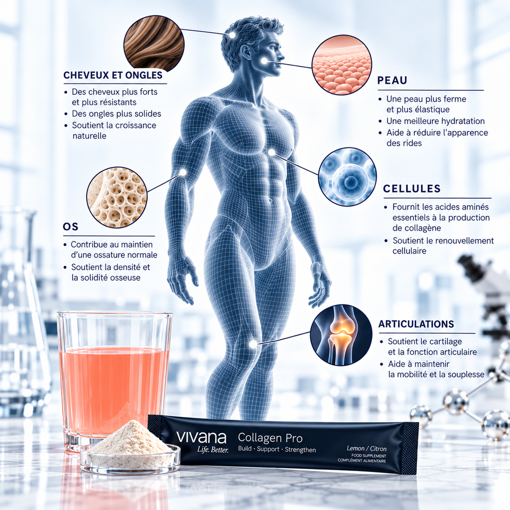 A promotional infographic for Vivana Collagen Pro hair and skin care. It features a blue wireframe male figure with callouts pointing to hair and scalp, skin, cells, and joints, accompanied by French text describing benefits.