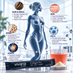 Vivana Collagen Pro supplement packaging shown on a white background with a human body outline and callout labels pointing to hair, nails, skin, bones, and cells, alongside a glass of pink liquid and a small pile of powder.