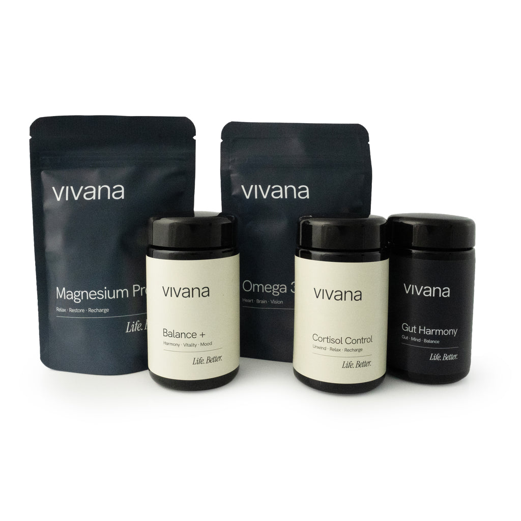 Vivana health products including Balance+, Cortisol Control, Gut Harmony, Magnesium Pro and Omega 3 on a white background 