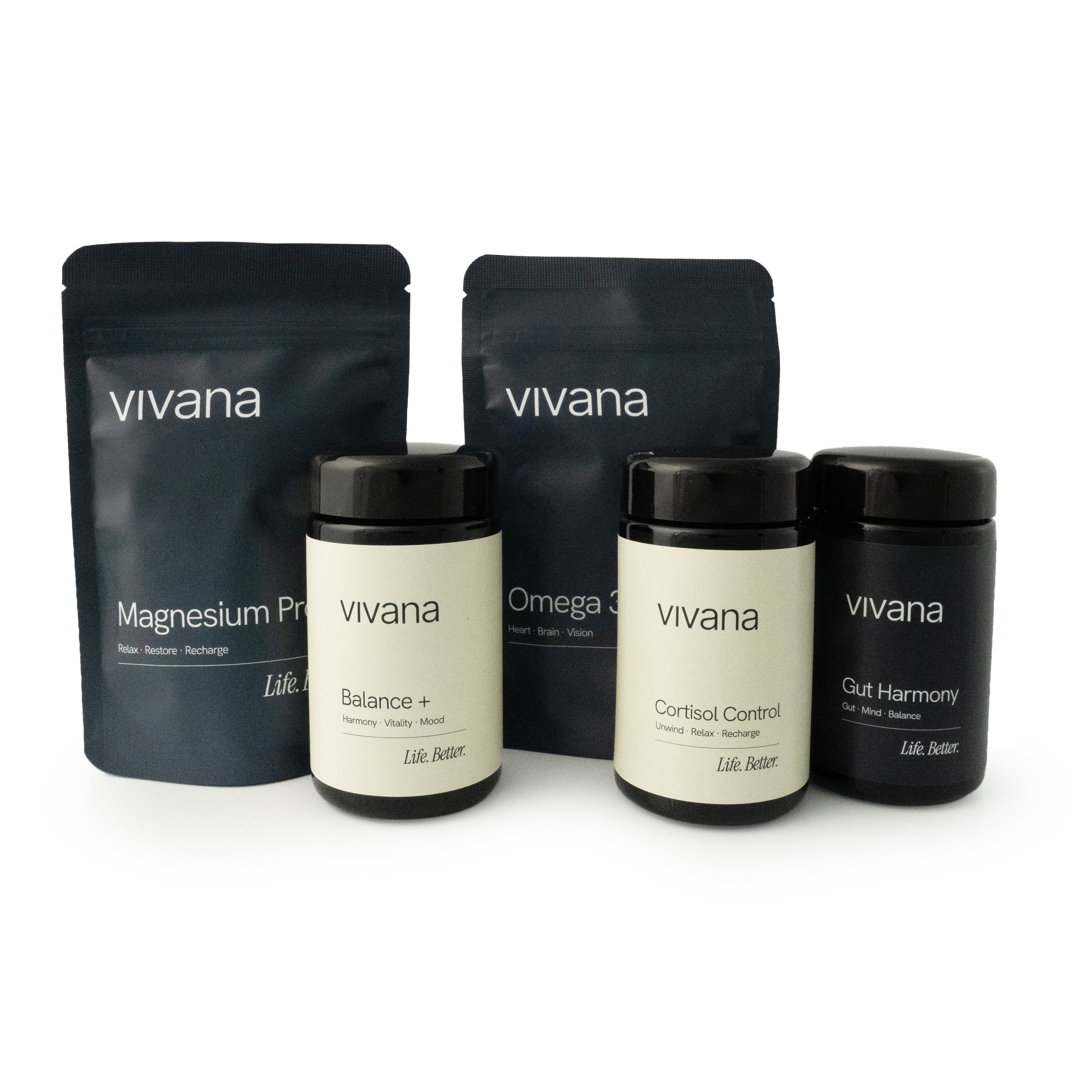 Vivana health products including Balance+, Cortisol Control, Gut Harmony, Magnesium Pro and Omega 3 on a white background 