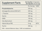 Supplement facts label with various ingredients and their amounts per serving