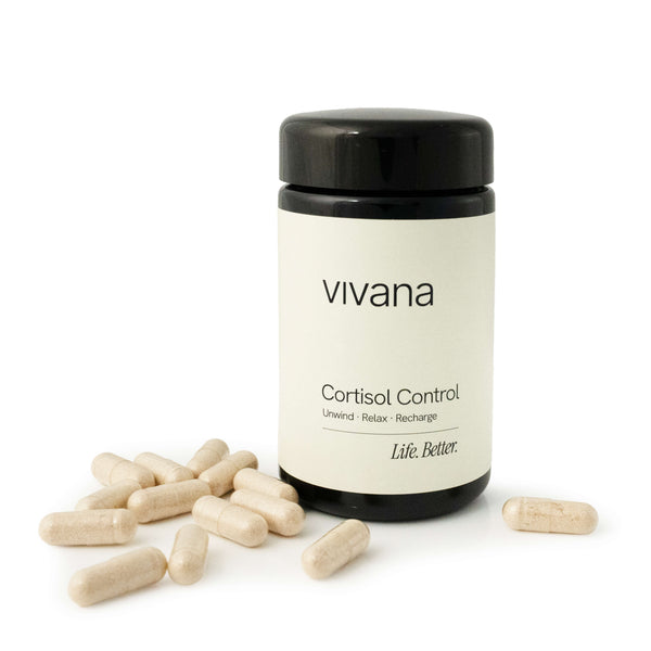 Vivana Cortisol Control supplement bottle with capsules on a white background, sleep and stress support for peimenopause and menopause with Ashwagandha KSM-66 L-Theanine Phosphatidylserine 