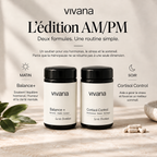 Two black supplement bottles with white labels from the brand vivana, labeled Balance + and Cortisol Control, on a light beige textured surface with French promotional text above and small capsules and leaves at the bottom.