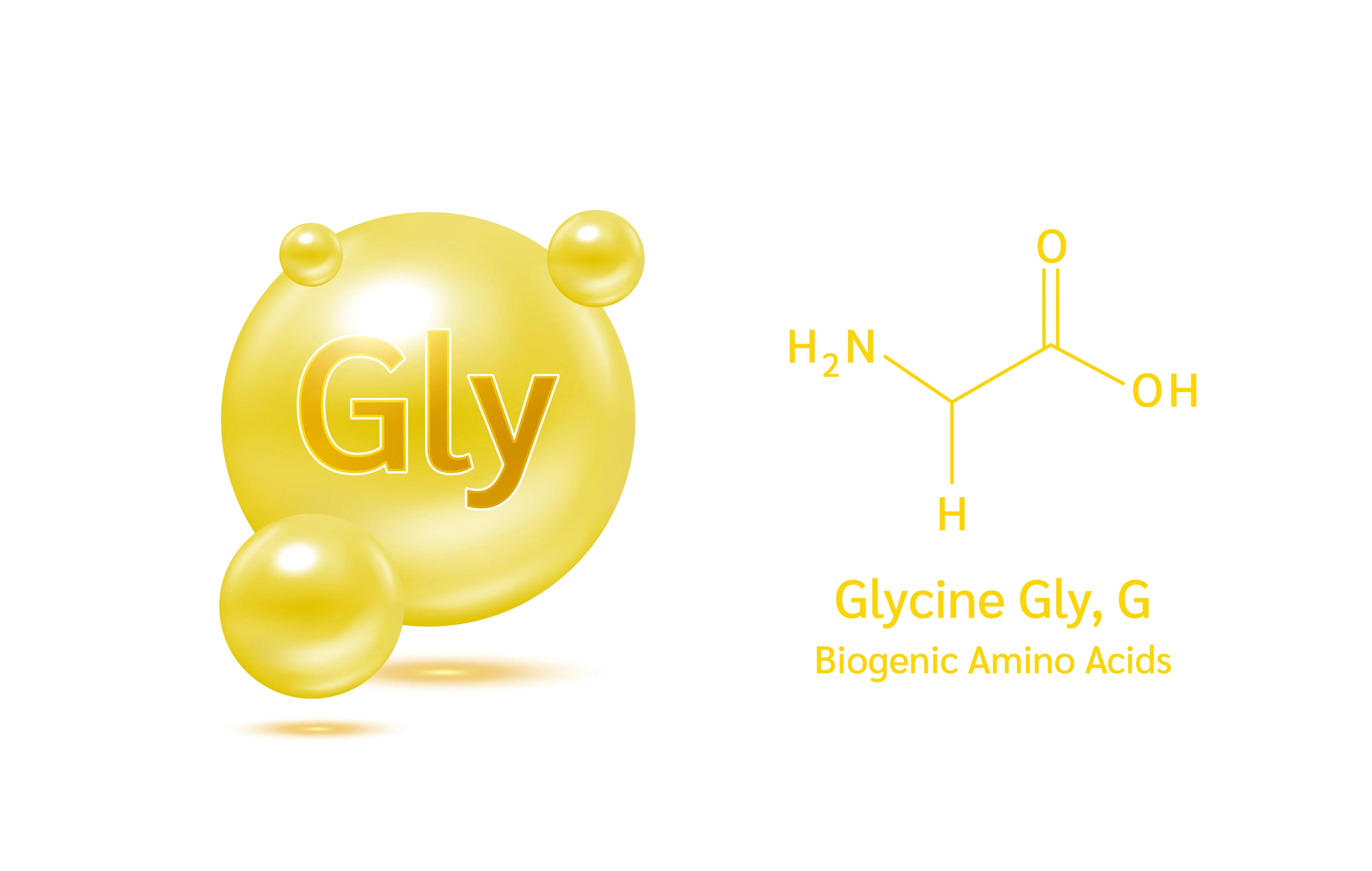 A yellow 3D graphic of a glossy sphere with the word 'Gly' on it, alongside a yellow chemical structure diagram of glycine and the text 'Glycine Gly, G' and 'Biogenic Amino Acids' on a white background.