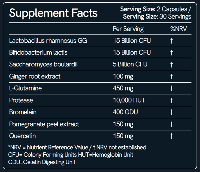 Supplement facts label with various health benefits and ingredients listed.