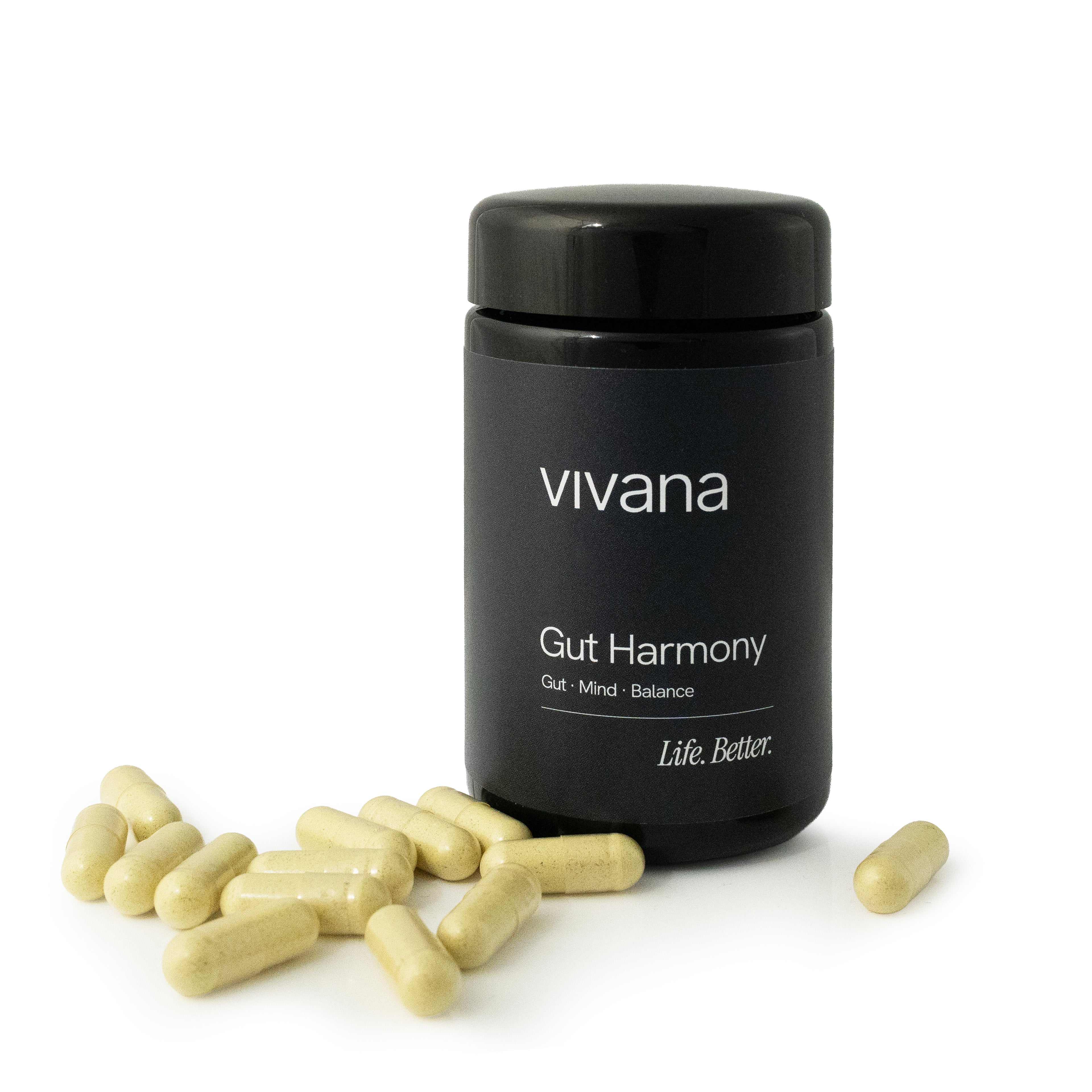 Black container labeled 'vivana Gut Harmony' with capsules on a white background