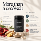 A black cylindrical supplement jar labeled 'vivana Gut Harmony' centered on a light beige background with marketing text, ingredient props including ginger, pomegranate, and capsules, and a soft shadow overlay.