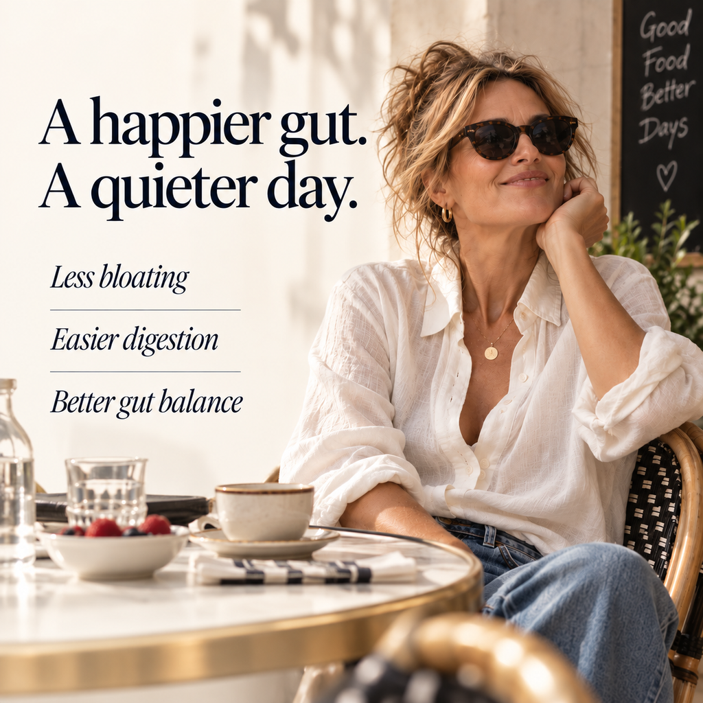 A woman wearing black sunglasses and a white button-up shirt sits at a cafe table, with text on the left reading 'A happier gut. A quieter day.