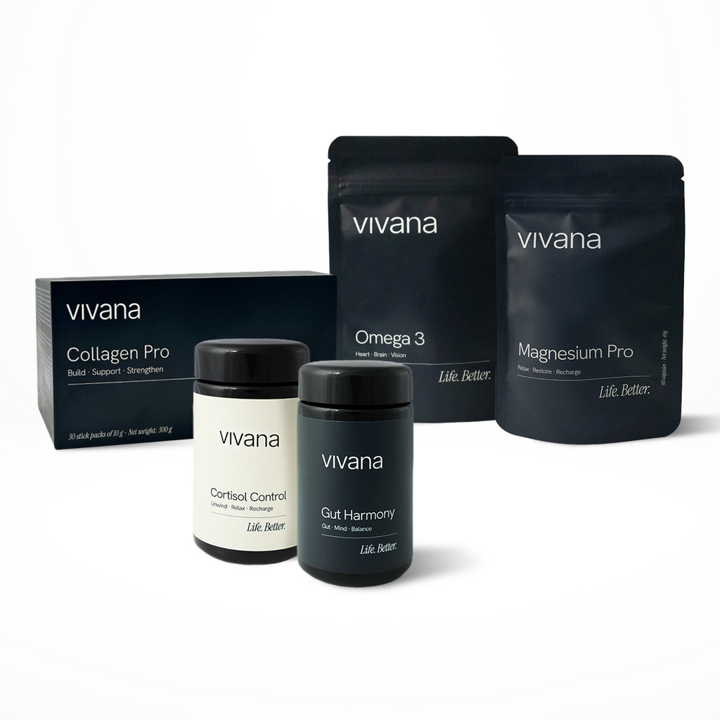 A set of Vivana brand supplement products on a clean white background, including a Collagen Pro box, an Omega 3 stand-up pouch, a Magnesium Pro stand-up pouch, and two supplement bottles: Cortisol Control and Gut Harmony.