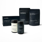 A set of Vivana brand supplement products on a clean white background, including a Collagen Pro box, an Omega 3 stand-up pouch, a Magnesium Pro stand-up pouch, and two supplement bottles: Cortisol Control and Gut Harmony.