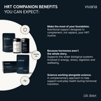 Promotional graphic for vivana HRT companion benefits, featuring product images of Magnesium Pro, Collagen Pro, and Omega 3 supplements on a dark navy background with white text and icons.