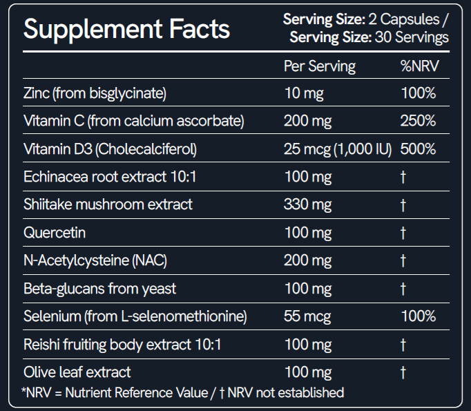 Supplement facts label with various health benefits listed on a dark background shitake vitamin D NAC Quercetin Beta Glucans 