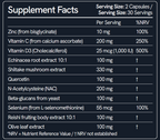Supplement facts label with various health benefits listed on a dark background shitake vitamin D NAC Quercetin Beta Glucans 