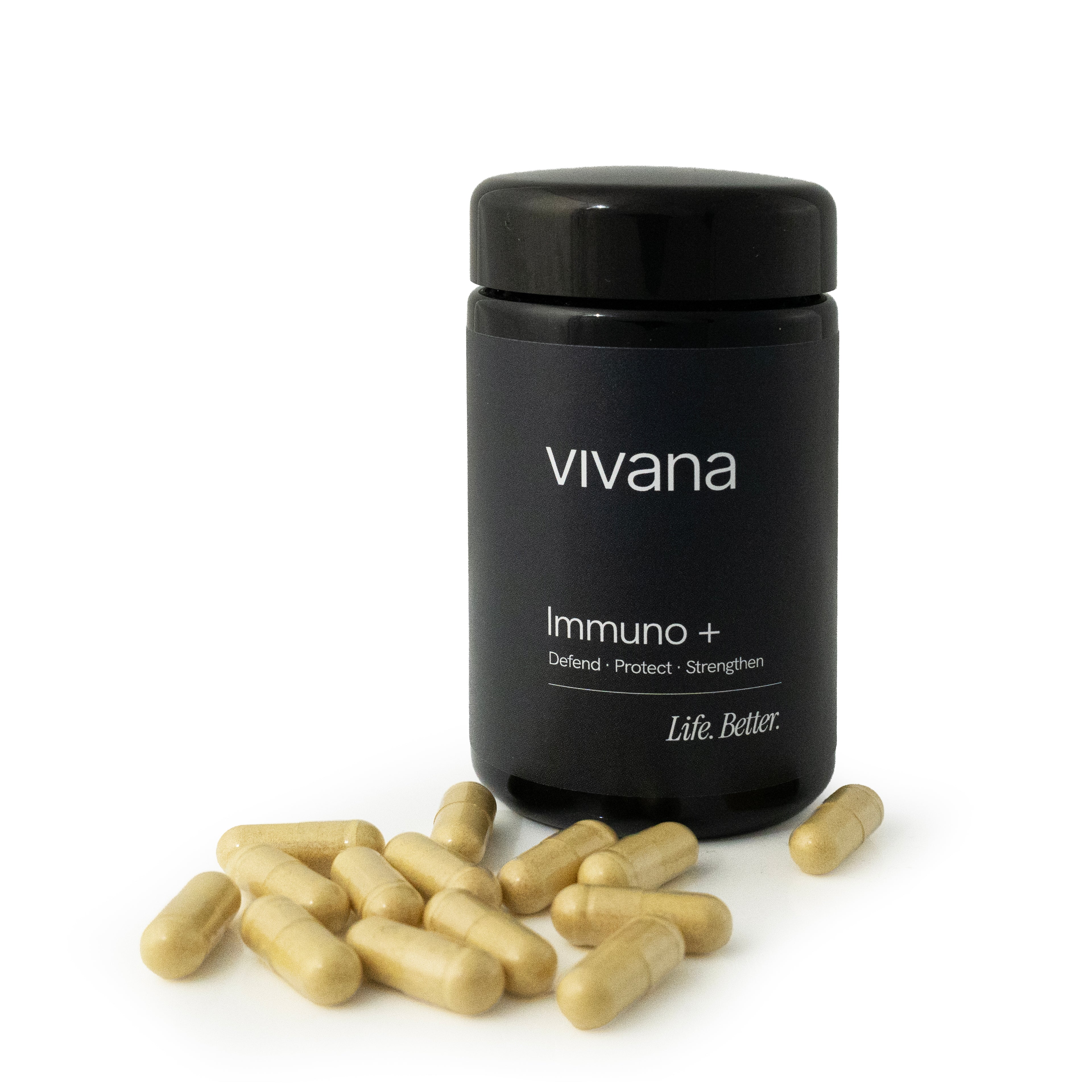 Black bottle of Vivana Immuno+ supplement with capsules on a white background. Life. Better. Vivana 
