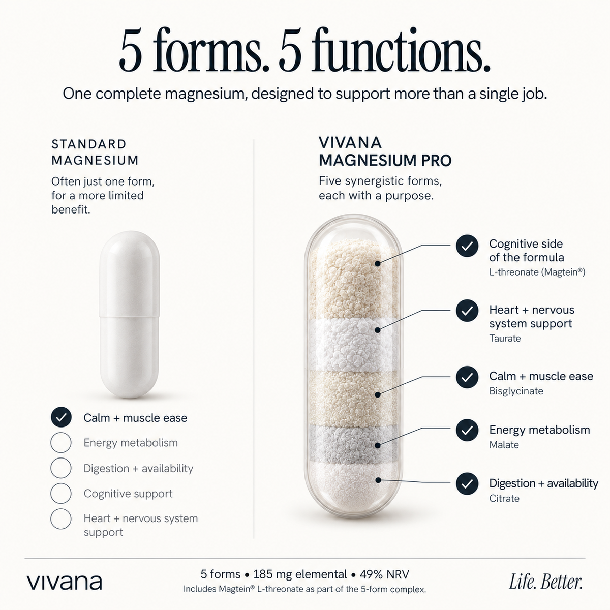 An infographic comparing standard and Vivana Magnesium Pro capsules, showing a single white capsule labeled 'Standard Magnesium' on the left and a three-layered white capsule labeled 'Vivana Magnesium Pro' on the right with callouts for cognitive, heart+nervous, calm, energy metabolism, and digestion support.
