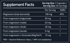 Supplement facts label for magnesium-containing capsules with serving size and nutritional information.