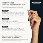 A hand holding a white capsule against a split black-and-white infographic about magnesium supplementation. The left side contains black text describing weekly benefits, and the right side shows a close-up of a hand with a capsule.