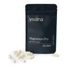 Vivana Magnesium Pro packaging with white capsules on a white background. Complete magnesium formula with  forms that have unique properties. L-Threonate Magtein for cognitive support.