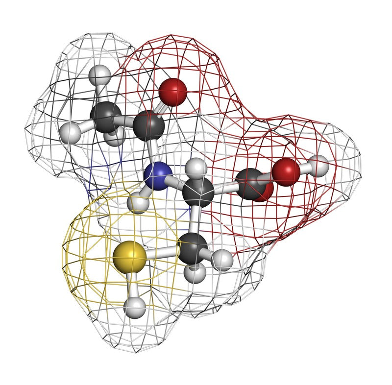 Molecular structure model of N-Acetyl-Cysteine NAC with colored spheres and wireframe outlines on a white background