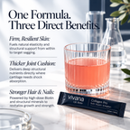 A Vivana Collagen Pro sachet lies on a marble surface next to a faceted glass of pink liquid, with large marketing text on the left describing skin, joint, and hair benefits.