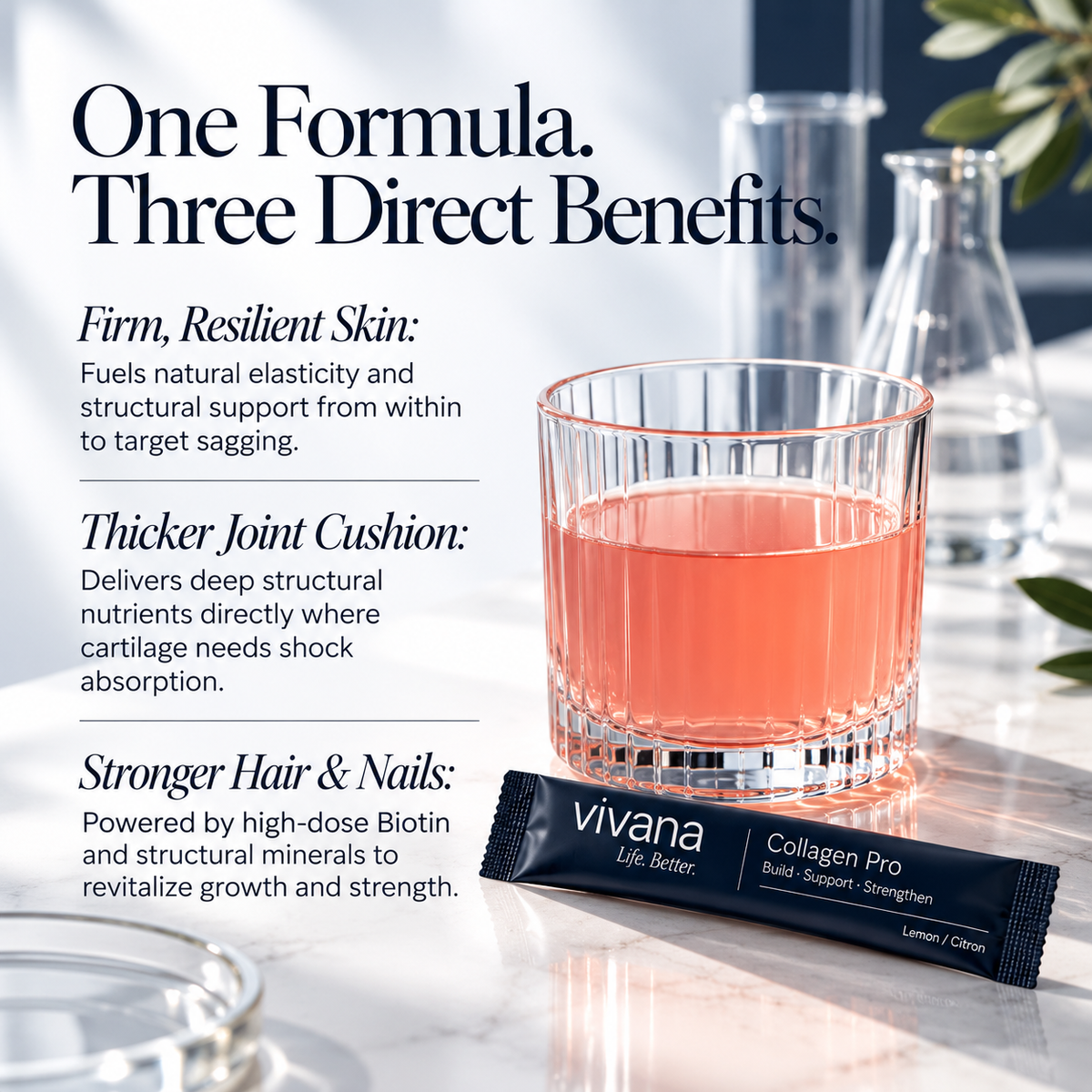 A Vivana Collagen Pro sachet lies on a marble surface next to a faceted glass of pink liquid, with large marketing text on the left describing skin, joint, and hair benefits.