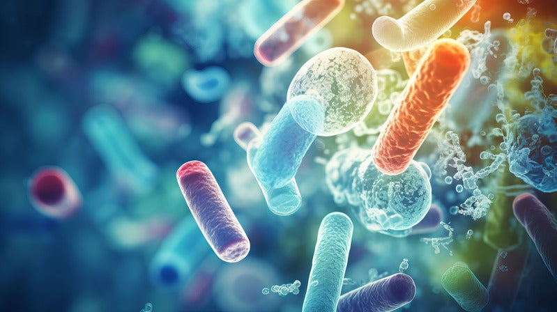 Colorful depiction of microscopic probiotics on a blue background