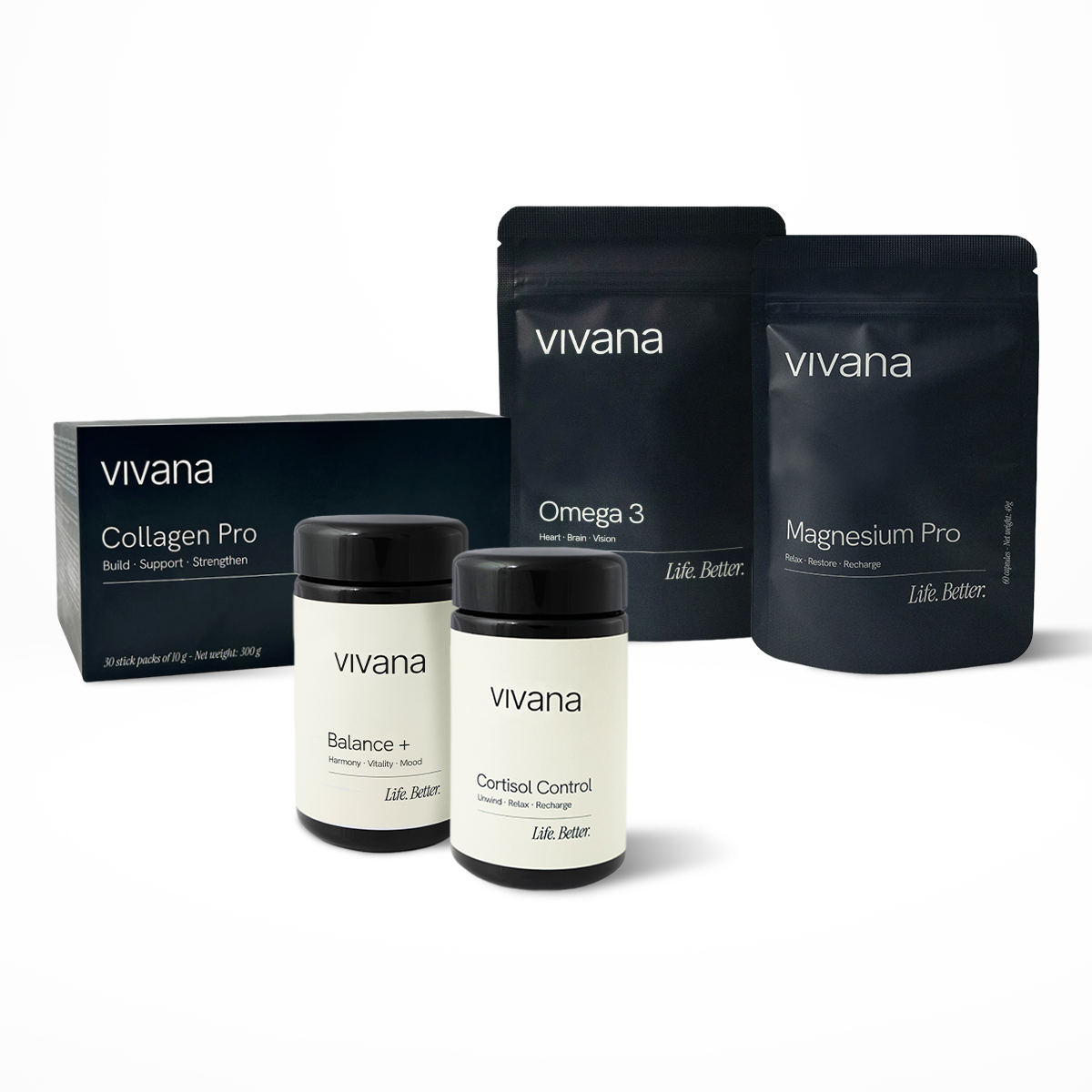 A set of vivana supplements including Collagen Pro powder in a box, Omega 3 in a black stand-up pouch, Magnesium Pro in a black stand-up pouch, and Balance + and Cortisol Control in black plastic jars with white labels, arranged on a white background.
