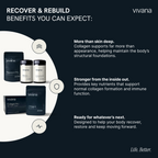 Promotional graphic for vivana collagen supplements on a dark navy background. The left side shows several black and white vivana product containers and boxes arranged inside a white circular shape.