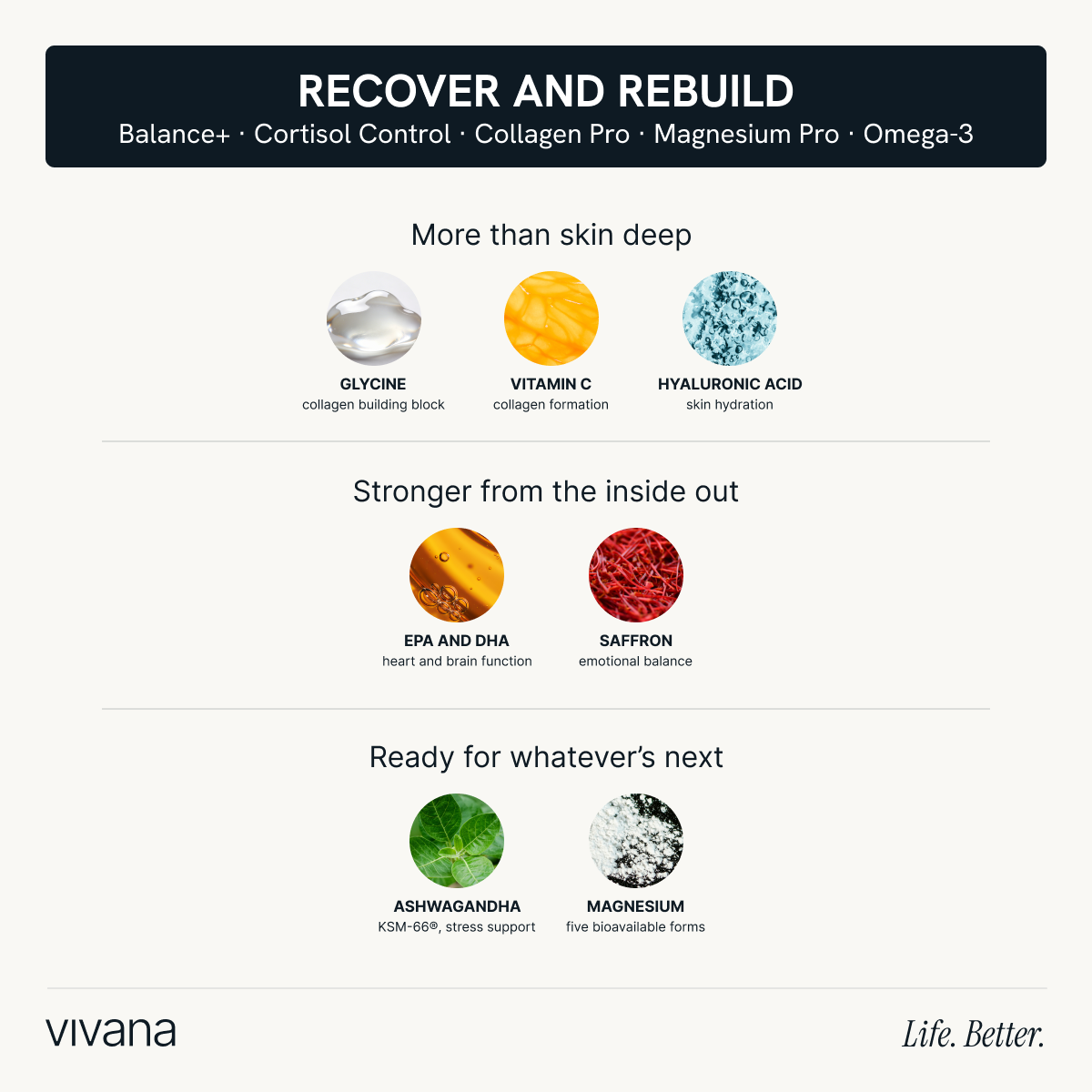 An informational marketing graphic for vivana skincare titled 'RECOVER AND REBUILD'. The graphic features three rows of text highlighting key ingredients: Glycine, Vitamin C, Hyaluronic Acid, EPA and DHA, Saffron, and Ashwagandha and Magnesium, each accompanied by a circular icon representing the ingredient.