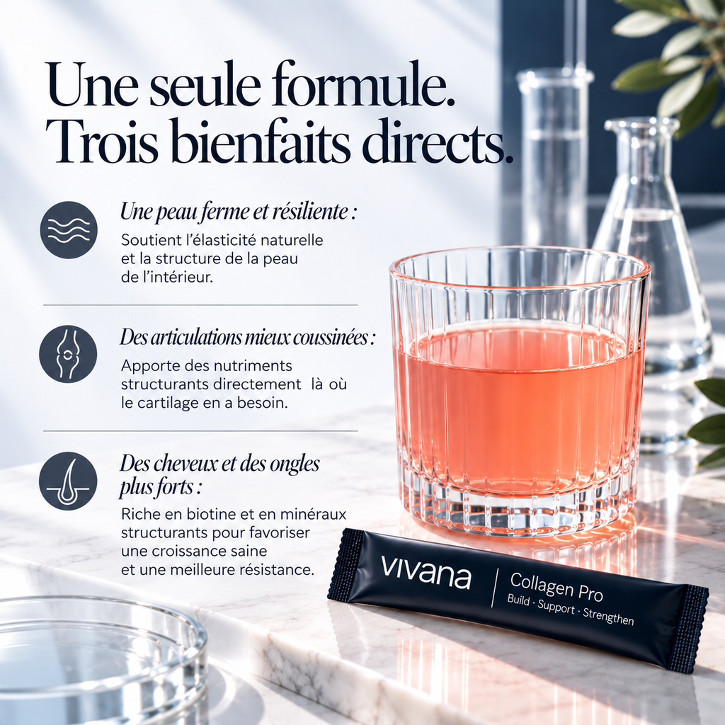 A black Vivana Collagen Pro stick packet lies on a marble surface next to a glass of pink liquid, with a blurred laboratory-style background and French marketing text on the left.