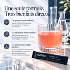 A black Vivana Collagen Pro stick packet lies on a marble surface next to a glass of pink liquid, with a blurred laboratory-style background and French marketing text on the left.