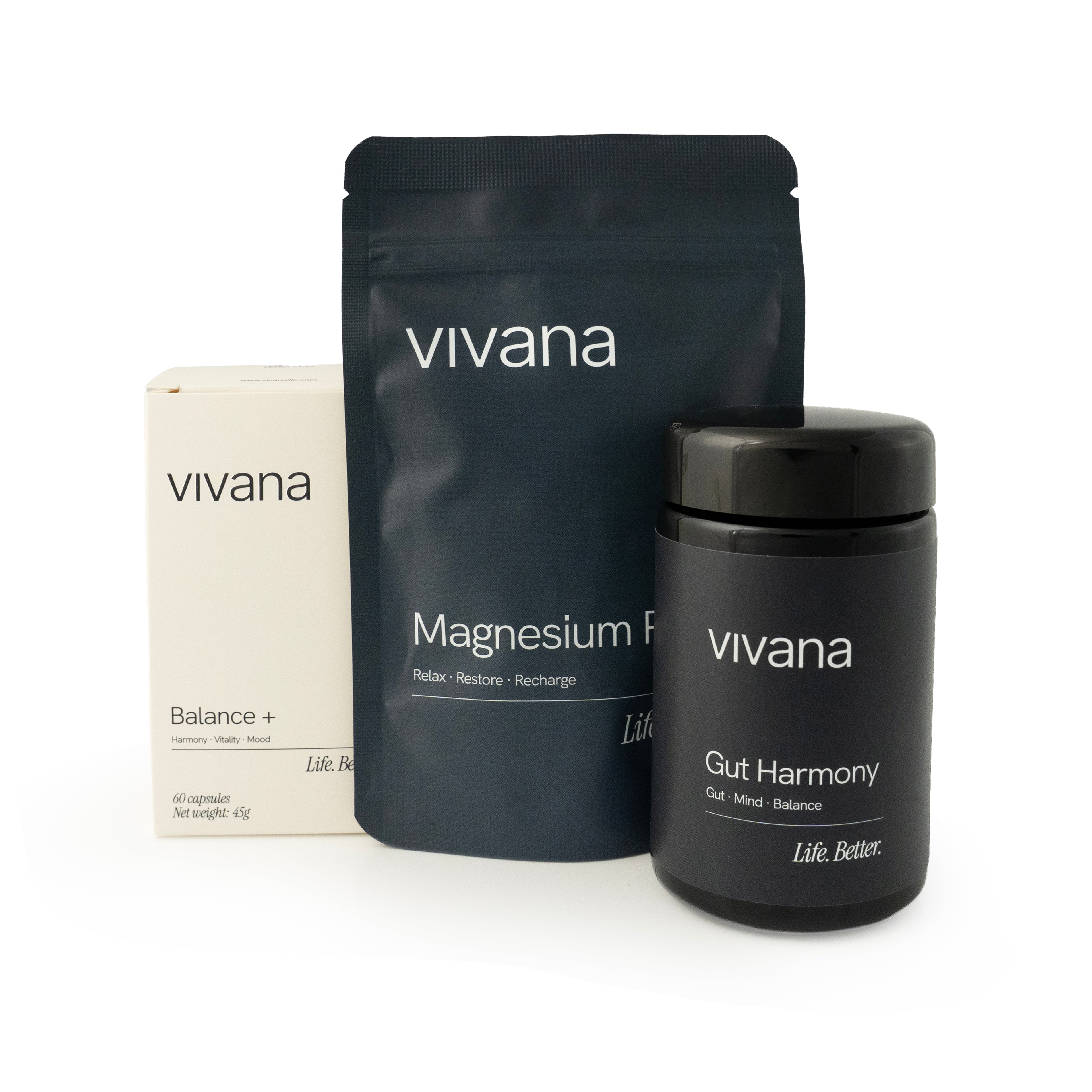 Vivana system including Balance+, Gut Harmony and Magnesium Pro, for Menopause support, brain, mood, sleep, gut health, hot flashes, irritability. 