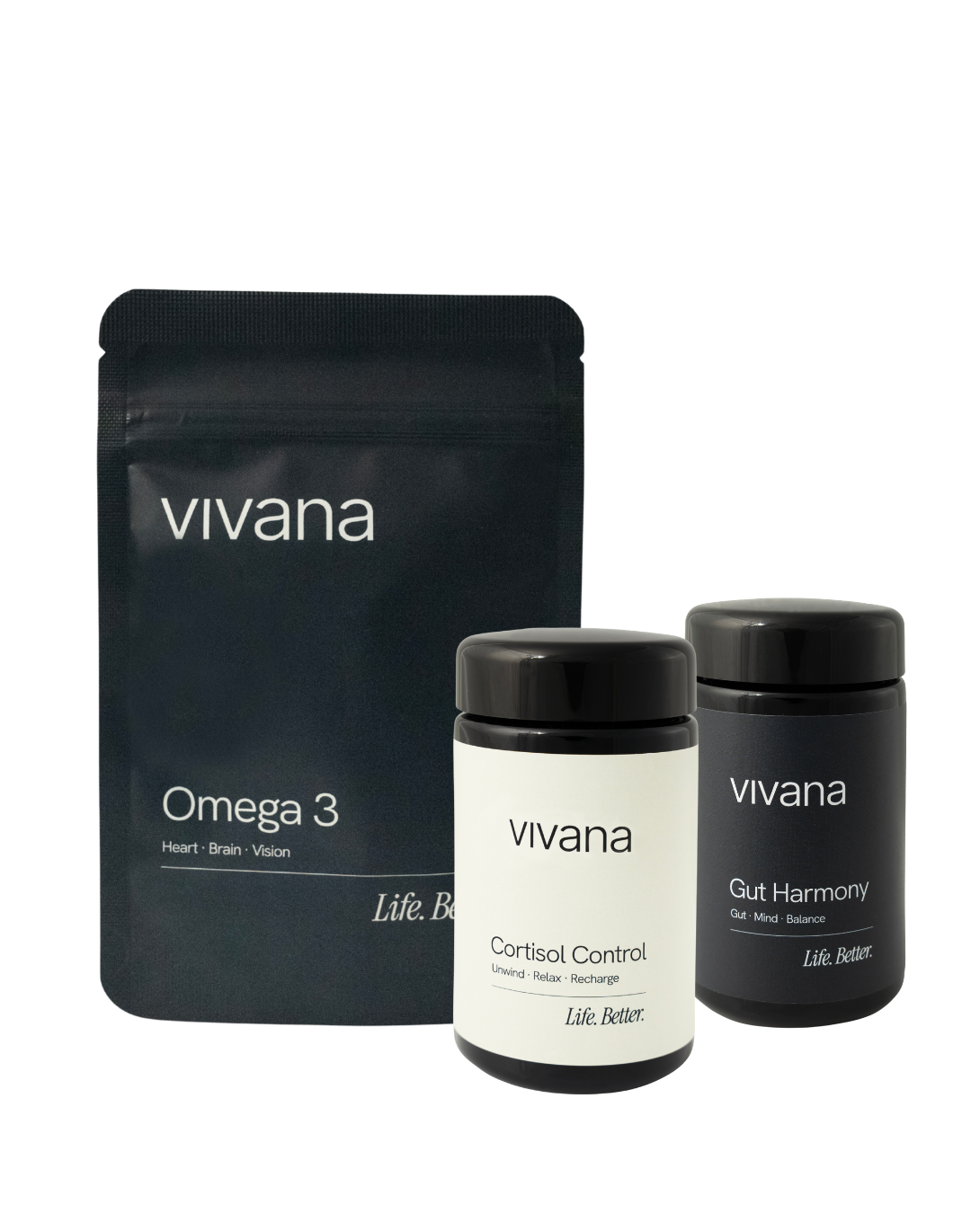Vivana health products including a Cortisol Control for stress and sleep, Gut Harmony for digestive health and Omega 