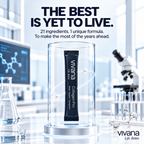 A single black Vivana Collagen Pro supplement sachet stands inside a clear cylindrical glass display on a lab bench, with scientific props like a microscope, test tubes, and beaker in a bright white laboratory setting. Large promotional text above reads, 'THE BEST IS YET TO LIVE.