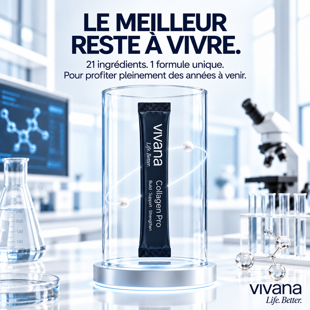 A single black Vivana Collagen Pro supplement stick pack stands inside a clear cylindrical glass display stand on a reflective surface, with a blurred laboratory background showing a microscope, test tubes, and a beaker. Large French promotional text appears at the top, and the Vivana logo appears at the bottom right.