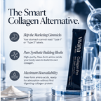 A single black Vivana Collagen Pro stick pack stands on a clear glass dish in a laboratory-style setting with glassware in the background. Large text on the left reads 'The Smart Collagen Alternative' with three feature callouts about skipping marketing gimmicks, pure synthetic building blocks, and maximum bioavailability.