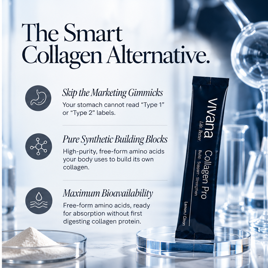 A single black Vivana Collagen Pro stick pack stands on a clear glass dish in a laboratory-style setting with glassware in the background. Large text on the left reads 'The Smart Collagen Alternative' with three feature callouts about skipping marketing gimmicks, pure synthetic building blocks, and maximum bioavailability.