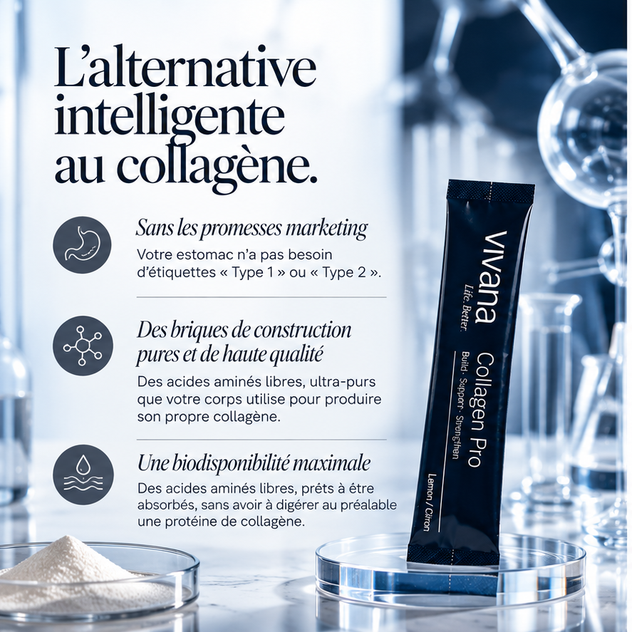 A black sachet of Vivana Collagen Pro dietary supplement stands on a reflective glass dish against a blue-toned laboratory background with beakers and text in French.