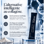 A black sachet of Vivana Collagen Pro dietary supplement stands on a reflective glass dish against a blue-toned laboratory background with beakers and text in French.