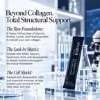 A black tube of Vivana Collagen Pro dietary supplement stands on a clear acrylic surface in a laboratory setting with beakers and a microscope in the background. The image includes marketing text describing the product's collagen and matrix ingredients.