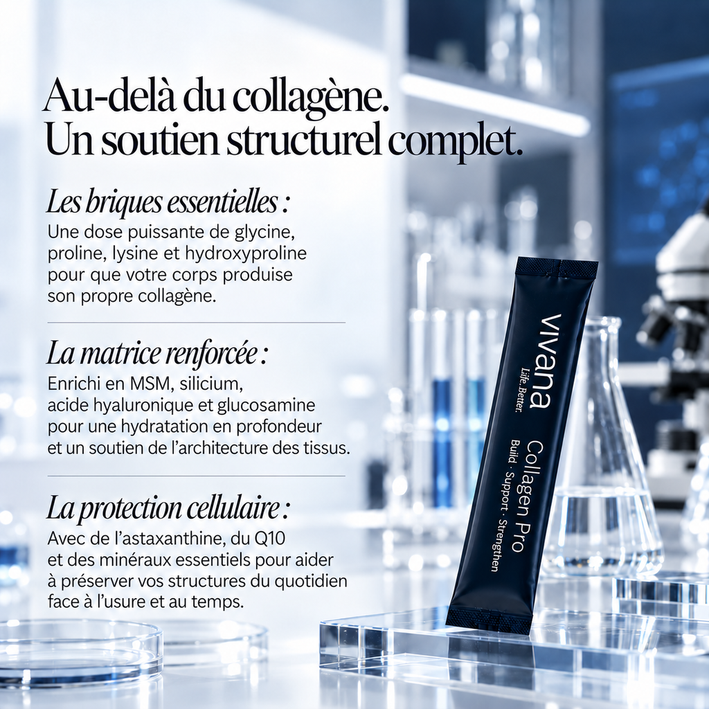 A black tube of Vivana Collagen Pro skin support supplement stands on clear acrylic blocks in a bright, white-and-blue laboratory setting with French text overlays describing collagen benefits.