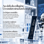 A black tube of Vivana Collagen Pro skin support supplement stands on clear acrylic blocks in a bright, white-and-blue laboratory setting with French text overlays describing collagen benefits.